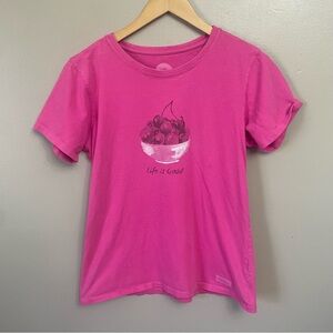 Life is Good Women's Pink Small Short Sleeve Bowl of Cherries Graphic T-Shirt